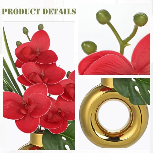 Briful Fake Orchid Flowers with Gold Pot 2PCS Red Orchid Silk Flowers Arrangement Artificial Orchid Plants for Home Office Room Kitchen Shelf Table Decor - color: Red Gold