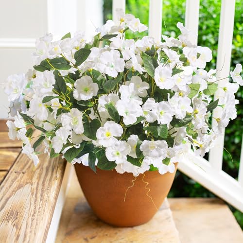 Fake Hibiscus Artificial Flowers for Outdoors Spring Summer Decoration, 6 Bundles Silk White Hibiscus Flowers Bouquet UV Resistant Look Real Faux Plants for Outside Planter Front Door Porch Balcony - color: White
