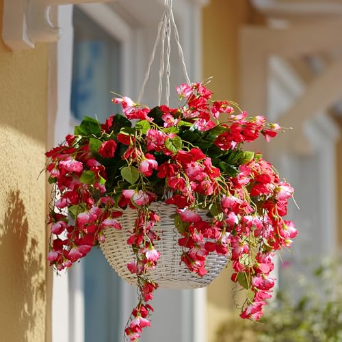 Hibiscus Artificial Hanging Flowers Plants for Outdoors 4 Pcs Fake Flower Faux Silk Hibiscus Long Trailing Vines Realistic Flower for Front Door Porch Patio Balcony Garden Yard (4 Pcs Pink+Red) - color: 4 Pcs Pink+red