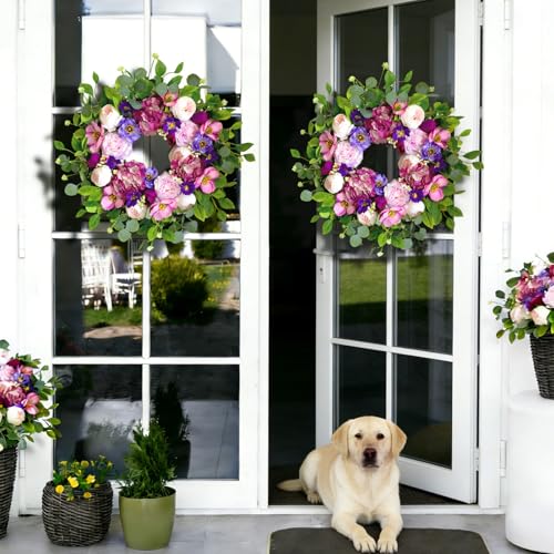 Summer Wreaths for Front Door 24 Inch Spring Summer Wreath with Blush Pink Roses & Purple Blooms and Hydrangeas,Luxury Summer Door Wreath for Porch,Home,Wall,Window Decor(Indoor Outdoor Use) - color: Hydrangeas