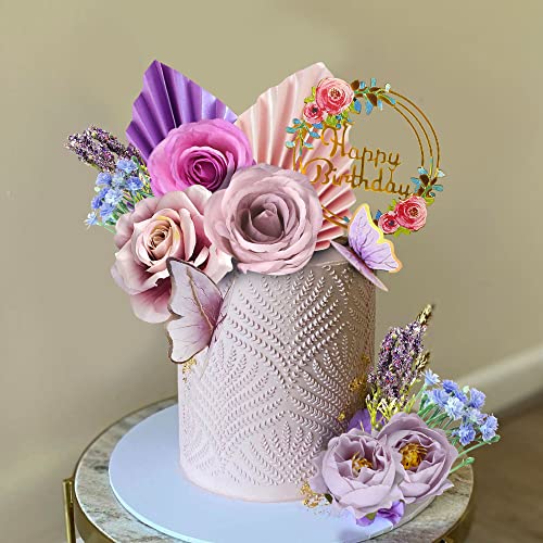 17 PCS Flower Cake Toppers Butterfly Cake Decorations Happy Birthday Cake Toppers with Artificial Purple and Pink Rose Eucalyptus for Birthday Wedding (Purple) - style: Purple
