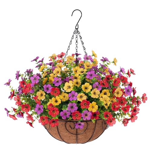 Ammyoo Artificial Faux Hanging Plants Flowers Basket for Spring Outdoor Decoration, Fake Silk Daisy UV Resistant Look Real with Eucalyptus Leaves Summer Outside Decor for Home Patio Garden - color: Red Purple Yellow