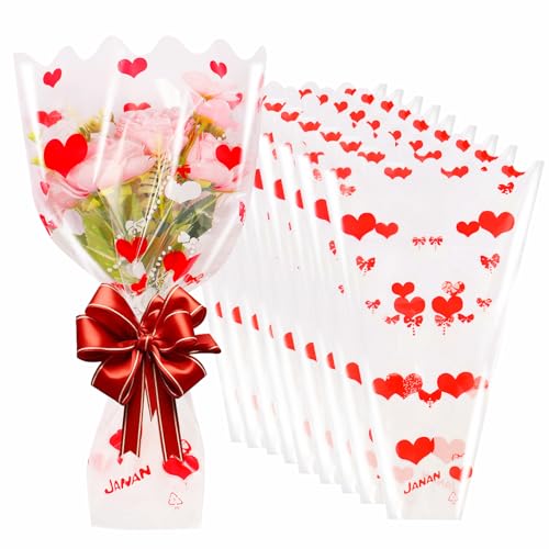 XABMU Red Heart Flower Bouquet Bags, 100 Pack Clear Floral Wrapping Sleeves, for Valentine's Day, Wedding, Mother’s Day Gifting & Florist Supplies - color: Clear-Red Heart, size: 1 count (Pack of 100)