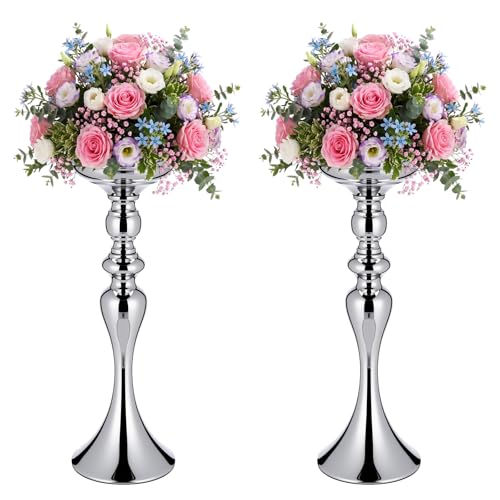 Sadnyy 2 Pcs Sliver Metal Flower Arrangements Stand Tall Wedding Centerpiece Stand Table Decor Flower Vase for Wedding Reception Event Party Dinner Home Decor(15 Inch) - size: 15 Inch