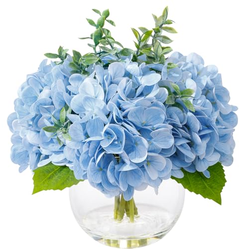 Blue Hydrangea Artificial Flowers with Eucalyptus in Vase Fake Flowers Coffee Table Decor Real Touch Flowers with Faux Water for Home Decor - color: A-blue