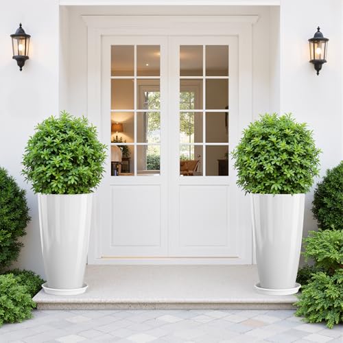 QCQHDU 21 inch Tall Planters for Outdoor & Indoor Plants, Set of 2 Large Outdoor Planters with Drainage Hole for Front Porch, Patio, Garden, White - color: White, size: 21 inch