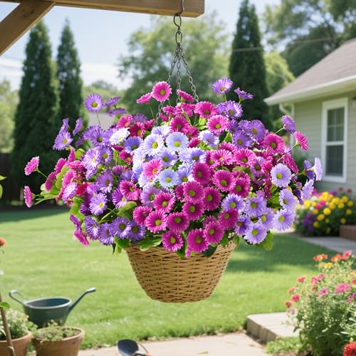 Waipfaru Artificial Flowers for Outdoors Faux Plants, UV Resistant Artificial Outdoor Flowers, Silk Daisy Realistic Fake Mums Flower for Front Porch Spring Home Planter Patio Decor, 6 Bundles, Mix - color: Purple, Fuchsia, Light Purple, size: 6 PCS