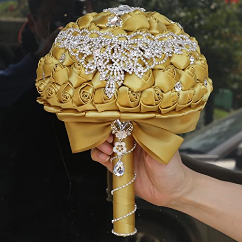 Handmade Luxury Wedding Bridal Bouquet Large Silk Rose Holding Toss Artificial Flowers Bouquets with Satin Ribbon Pearls Rhinestone for Bride Vintage Royal Wedding Bouquet (Golden) - color: Golden