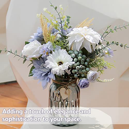 Fake Flowers with Vase, Silk Dusty Blue Rose Hydrangea Artificial Flowers in Vase Faux Dahlia Flowers Arrangement for Home Kitchen Living Room Summer Spring Decor Office Centerpiece Table Decorations - color: Sky Blue