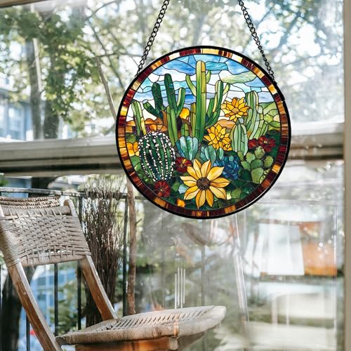 Stained Glass Window Hanging Green Cactus with Yellow Flowers 6.3" - Suncatcher Door Garden Sun Catcher Home Decor Birthday Christmas for Mom Men Woman Friend Nana - color: Yellow-green-blue, size: 6.3x6.3 IN