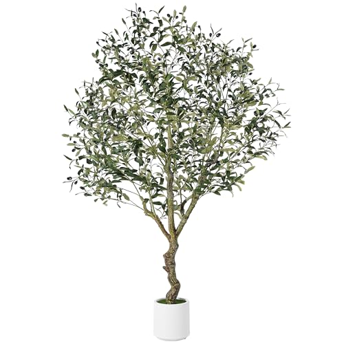 Jocoevol Olive Trees Artificial Indoor, 6FT Tall Faux Olive Tree with White Tall Planter, Artificial Plants with Natural Wood Trunk and Lifelike Fruits for Home Office Decor, 1 Pack - size: 6ft