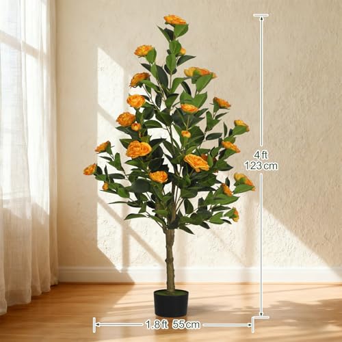 2-Pack 4FT Artificial Camellia Tree,Realistic Fake Potted Plants with Flowers&Planters,Indoor/Outdoor Faux Flowering Trees for Home,Office,Porch,Wedding,and Housewarming Gift Decor,Orange - color: Orange