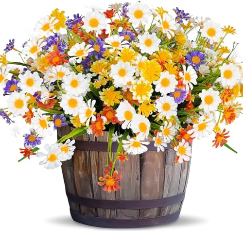 12 Bundles Artificial Daisy Flowers for Outdoors Summer Decor, UV Resistant No Fade Fake Cemetery Flowers Faux Plastic Greenery Plants for Hanging Planter Home Gardens Porch Memorial Day Décor(Colors) - color: Colors, size: 12 Bundles