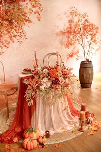 TINGE TIME Artificial Sweetheart Flower Swag with Tablecloth and Table Runner, Pack of 3 Floral Arrangement for Autumn Wedding Sweetheart Table Centerpiece Fall Decoration (Maple Red) - color: Maplered