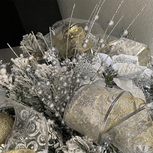 Artificial Berries Stems Ornaments 17 Inch, Sparkling Christmas Tree Picks, Glittery Berry Stems Fake Plant Picks and Branches for Xmas Wreath Ornaments Holiday Home DIY Decor - Silver 10 Pack - color: Glitter Berries Stems Sticks - Silver 10 Pcs