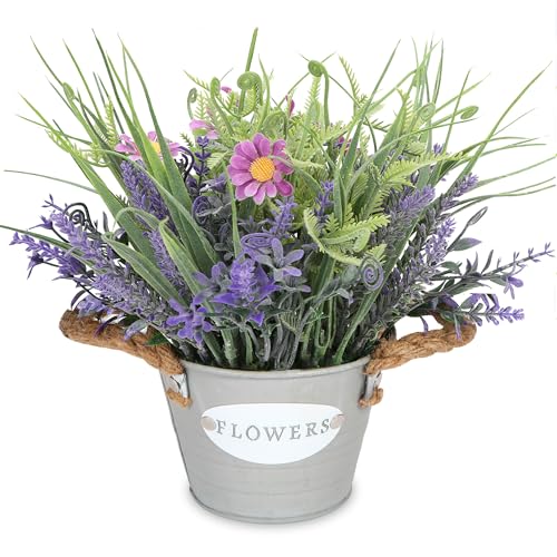 Artificial Lavender Plant 10" Purple Flowers in Galvanized Pot - Fake Potted Plant for Home Decor, Farmhouse Living Room, Bedroom, Bathroom, Coffee Table - color: Lavender Flower With Red Daisy