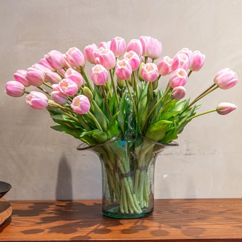Artificial Tulips Flowers,Soft Touch Latex Bouquet, Fake Tulips,Spring Wedding Home Room Table Centerpiece Decor - color: 60pcs Baby Pink Set(no Vase)