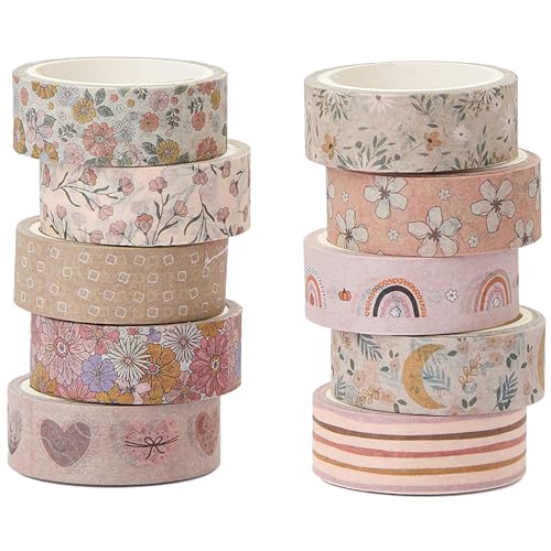 Boho Washi Tape Set 10 Rolls Cute Masking Graphic Floral Pattern Decorative Tapes for Arts, DIY Crafts, Journals, Planners, Scrapbook, Wrapping (Warm) - color: Warm