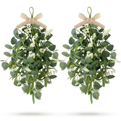 2 PCS 24'' Eucalyptus Teardrop Swag Wreaths Spring Summer Greenery Teardrop Swags for Front Door Artificial Farmhouse Green Hanging Swags with Berry Ribbon for Wedding Porch Wall Window Cabinet Decor - color: Green-1