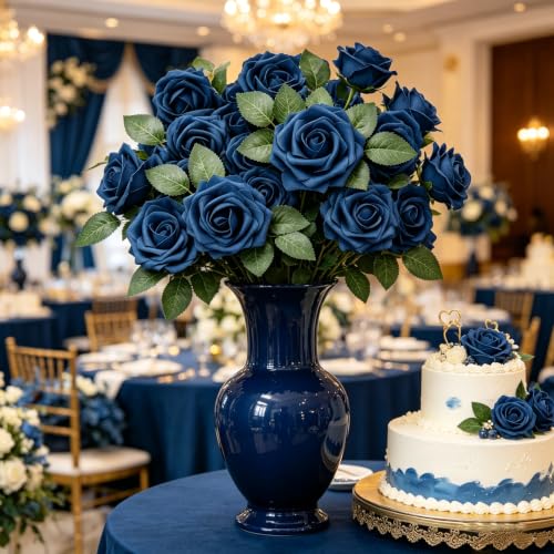 Artificial Flowers, 50pcs Artificial Rose for DIY Wedding Bouquets Centerpieces Arrangements, Navy Blue Foam Roses with Stem for Bridal Shower Party Home Decorations - color: Navy Blue, size: 50pcs