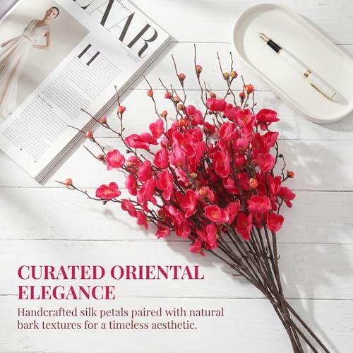 Cherry Blossom Branches Artificial Flowers for Winter Spring Indoor Decoration, Plum Fake Peach Plants for Wedding Home Office Bedroom Party Decor (Rose red, 22in) - color: Rose Red, size: 22in