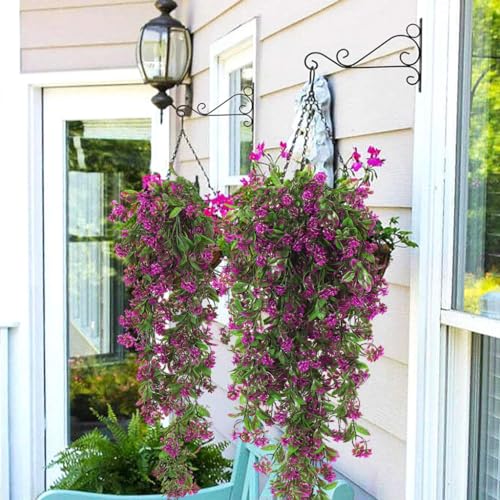 RECUTMS 2Pcs Artificial Hanging Flowers for Outdoor Decoration Fake Hanging Plants Faux Flowers Artificial UV Resistant Plastic Greenery Vines Ivy for Outdoor Indoor Garden Party Decor（Fuchsia） - color: Fuchsia-rose