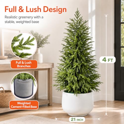 4FT Lighted Artificial Topiary Trees Outdoor Set of 2, Norfolk Pine Trees with Warm White Lights, Potted Faux Evergreen Trees for Front Porch, Entryway, Patio, Christmas Indoor Outdoor Decor