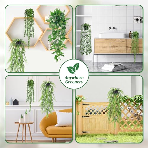 Der Rose 4Pcs Fake Plants Hanging Artificial Ivy Vine Faux Eucalyptus Hanging Plants, Boston Fern, String of Pearls for Living Room Aesthetic Bedroom Boho Kitchen Wall Shelf Indoor Outdoor Decor - color: Black Pot