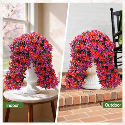 Ivydale Artificial Lily Flowers for Outdoors Fake Hanging Flower Vines for Outside Decoration, UV Resistant 2PCS Faux Plants for Patio Porch Balcony Garden Yard, Mixred - color: Fuchsia & Red