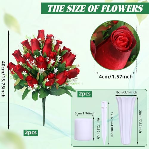 Artificial Cemetery Flowers for Grave,2Pack Memorial Roses Bouquets with Vase for Grave Tombstone Decorations (Red) - color: Red