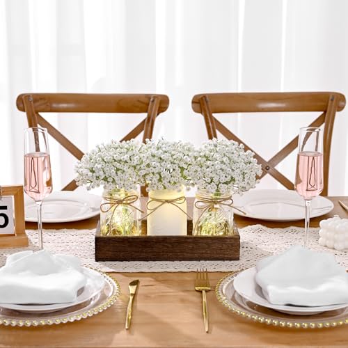 BLEUM CADE Mason Jar Centerpiece Table Decorations, Lights Centerpiece for Kitchen Dining Table Farmhouse Coffee Table Wedding Home Decor with 3 Jars Babys Breath Artificial Flowers & Wood Tray - color: White-babys Breath