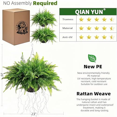 Outdoor Fake Hanging Fern – Artificial Hanging Ferns 2 Pack, Large Faux Boston Fern Bushes, UV Resistant Outdoor Hanging Plants for Front Porch, Patio & Indoor Decor - color: Green
