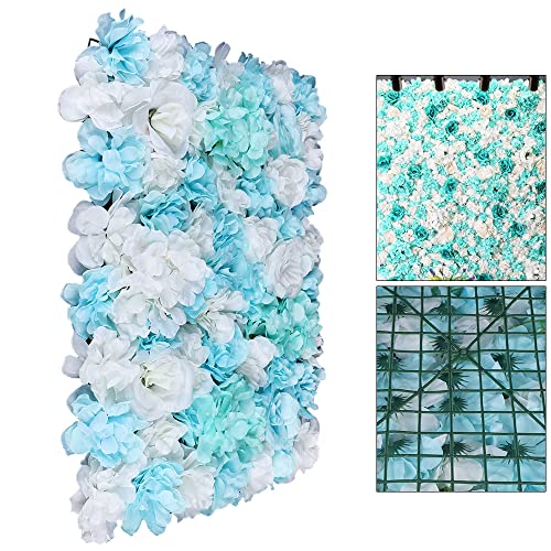 DNYSYSJ Flower Wall 12PCS 23.62" x 15.75" x 0.79" Blue & White Hydrangea Artificial Rose Flowers Panel Silk Fabric Wall Mat Floral Backdrop with Stand Blue 2D for Garden Patio Wedding Stage Decor - color: Blue and White, size: 12 pieces