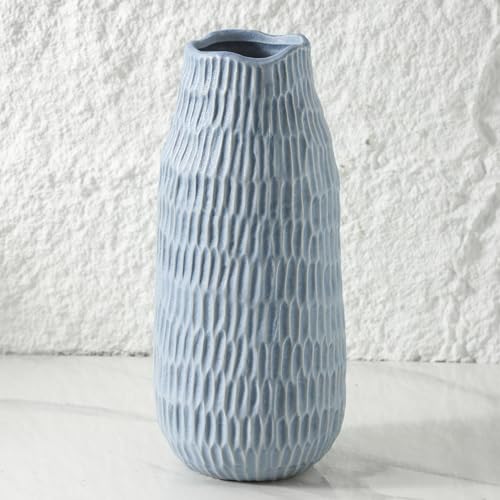 Uiddo 12.6 Inch Mat Blue Modern Handmade Ceramic Vase, Rustic Farmhouse Decorative Flower Vases for Home Decor,Pampas Grass Bouquet, Living Room,Kitchen,Office,Bedroom,Centerpiece Table Decorations - color: Mat Blue-12.6inch