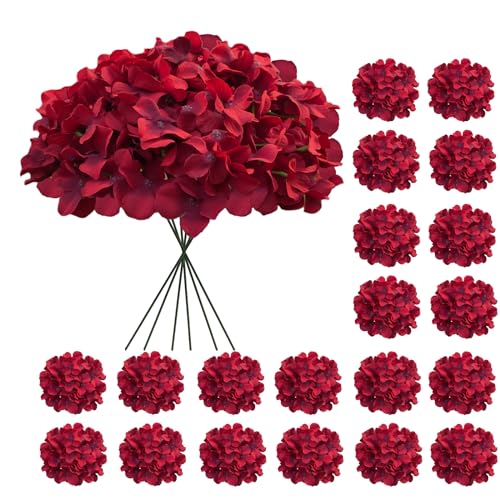 20 Pcs Dark Red Hydrangea Artificial Flowers Bulk, Faux Hydrangea Flowers Heads, Artificial Fake Silk Hydrangea Flowers with Stems, Red Flowers Artificial for Decoration Wedding Décor - color: Dark Red, size: 20 Pcs