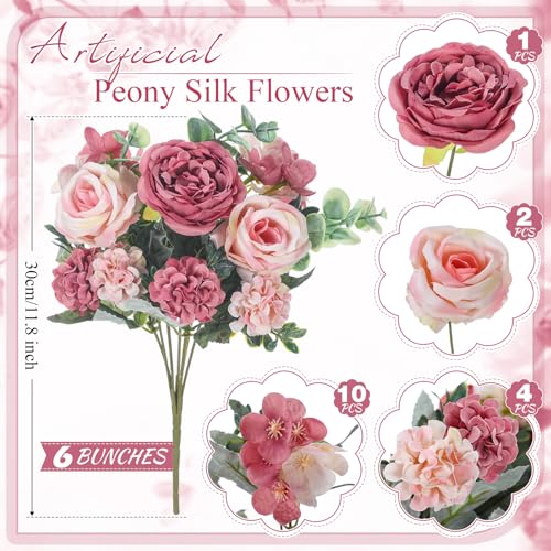 Wavwavw 6 Pcs Artificial Peony Silk Florals Fake Mix Silk Peony Rose Faux Flower Hydrangea Bouquet Elegant Realistic Wedding Floral Centerpiece for Home Party Table Arrangement (Champagne with Red) - color: Champagne With Red