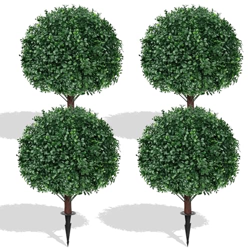 4Pack Artificial Boxwood Topiary Ball Trees, 16'' UV Resistant Fake Evergreen Shrubs Bushes Plants with Ground Spike, Fake Plants for Outdoor Indoor Front Porch Garden - color: 4pcs Boxwood