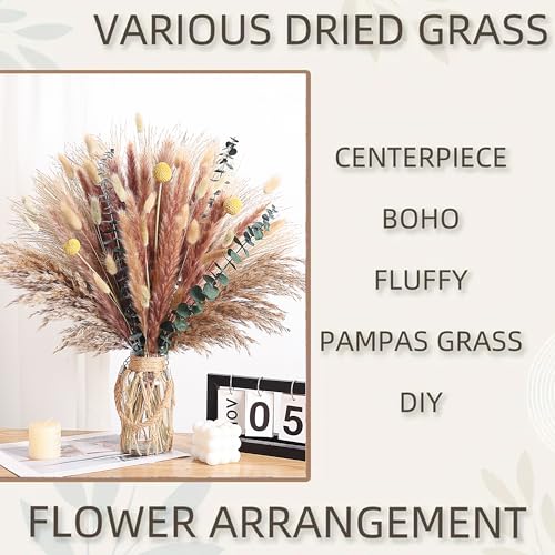 Bohemian Golden Wheat & Pampas Grass Bouquet – Warm Earthy Dried Floral Arrangement with Yellow Accents in Woven Vase (Mocha Tones) - color: Mocha Tones