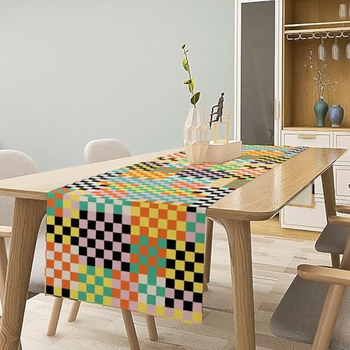 Retro Groovy Hippie Table Runner Vintage Funky Colorful Plaid Geometric Checkered Dinner Runner for Country Farmhouse Kitchen Birthday Party Holiday 36X13inch - color: Checkered-12, size: L36"x W13"