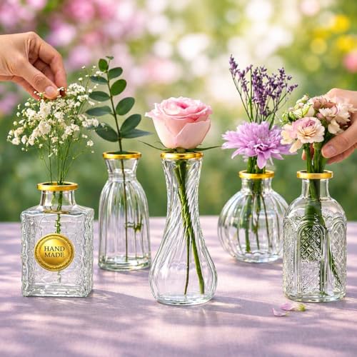 Luxury Glass Bud Vase Set of 5 – Hand Painted Gold Rim Mini Vases, Elegant Small Glass Vases for Centerpieces, Vintage Clear Flower Vases for Wedding, Table, Home & Party Décor - color: 5 Pcs Clear + Gold Rim, size: 5 Pcs