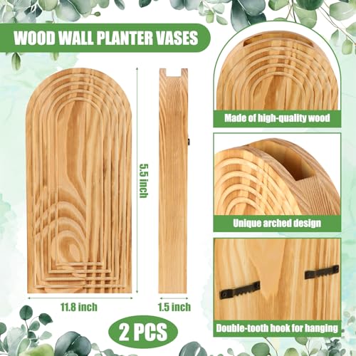 2 Pack 15" Wooden Wall Vase with 20 Pcs Artificial Eucalyptus Leaves Stems Planter, Boho Modern Farmhouse Bathroom Hanging Planter for Wedding, Hallway, Bedroom, Living Room - style: Modern