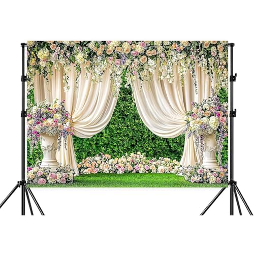 7X5ft Wedding Floral Backdrop Rose Greenery Wall White Curtain Photography Background for Wedding Bridal Shower Engagement Anniversary Party Cake Table Decor Photo Booth Studio Wall Decor Banner - color: Multi6, size: 7X5FT