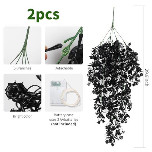 RECUTMS 2Pcs Artificial Black Hanging Flowers with Lights for Outdoor Decoration Fake Hanging Plants Vines with 30 LED String Light for Halloween Gothic Home Porch Wall Party Decor（Lights Black） - color: Lights Black-rose