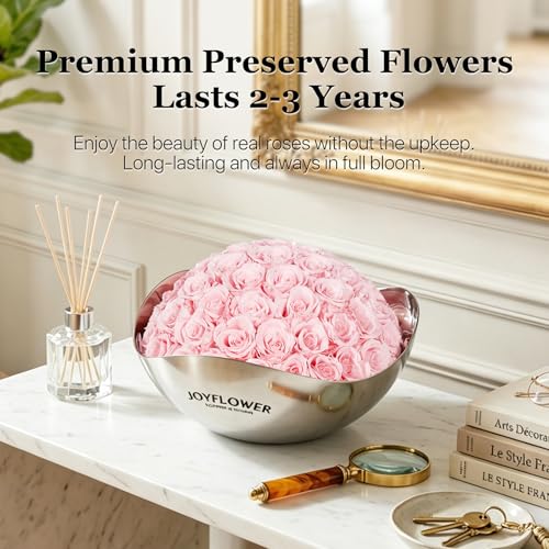 JoyFlower Preserved Flowers Decor, Eternal Roses in Stainless Steel Bowl Decors for Table Centerpiece, Forever Flowers Decorations for Home Living Room Bedroom Coffee Shop House Office(Small, Pink) - color: Pink, size: Small