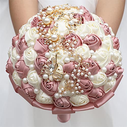 Sharebeauty 8.3 Inch Handmade Satin Rose Bridal Bouquet Toss Round Wedding Bouquet Throw Toss Artificial Flower Bunch Pastel Pink + Ivory - color: W322g50 Pastel Pink/Ivory, size: 8.3 inches / 21 cm