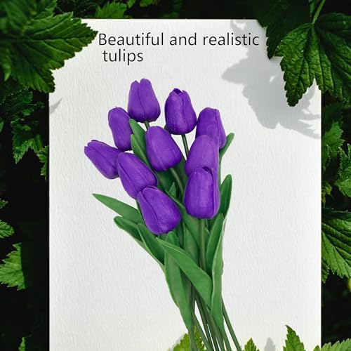10 Pcs Faux Tulips Artificial Flowers with Stems, 13 Inch Artificial Tulips Flower Realistic for Wedding Bouquet, Table Centerpiece, Birthday Party (Purple) - color: Purple
