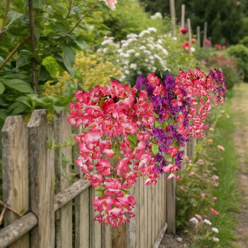 2 Pcs Fake Hibiscus Flowers Artificial Hanging Flowers Plants for Outdoors Realistic UV Resistant Spring Summer Decor Pink Silk Faux Flowers Trailing Vines for Front Door Porch Outside - color: Pink