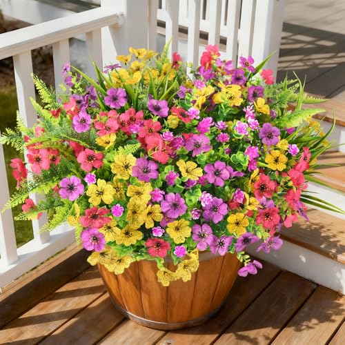 INQCMY Artificial Flowers for Outdoors Faux Plants Fake Flowers Spring Summer Decoration,12 Bundles Faux Silk Colorful Daisy Realistic UV Resistant for Outside Home Planter Window Porch Patio Yard - color: 1 Mixed Color(2 Light Purple,2 Rose Red,2 Yellow,