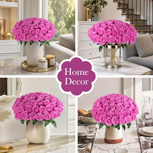 50 PCS Hot Pink Roses Artificial Flowers, Real Looking Fake Roses with Long Stems Silk Flowers for DIY Wedding Bouquet Party Celebration Home Bridal Baby Shower Decoration Birthday Gift for Her Wife - color: Hot-pink