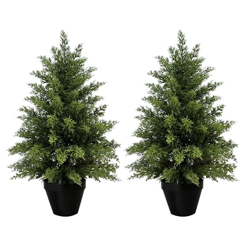 Mavis's Diary 2ft Artificial Cedar Topiary Tree, Set of 2 Realistic Faux Evergreen Shrub Plant in Planter, Indoor Outdoor Fake Cedar Tree for Front Porch, Entryway, Office & Home Decor - color: 2pack, size: 2FT
